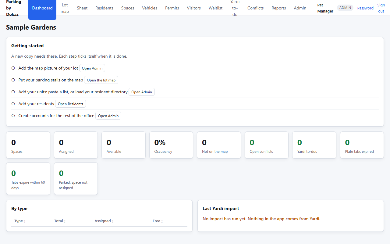 The Parking by Dokaz dashboard with the Getting started checklist