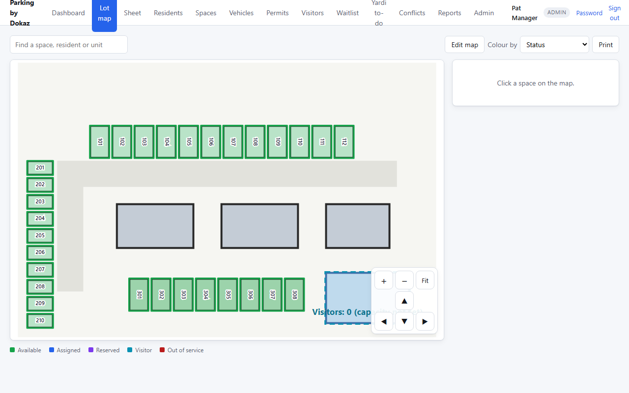 A sample property's parking map in Topos, with stalls coloured by status