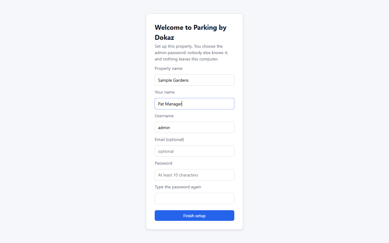 The Parking by Dokaz first-run screen asking for a property name and an administrator password